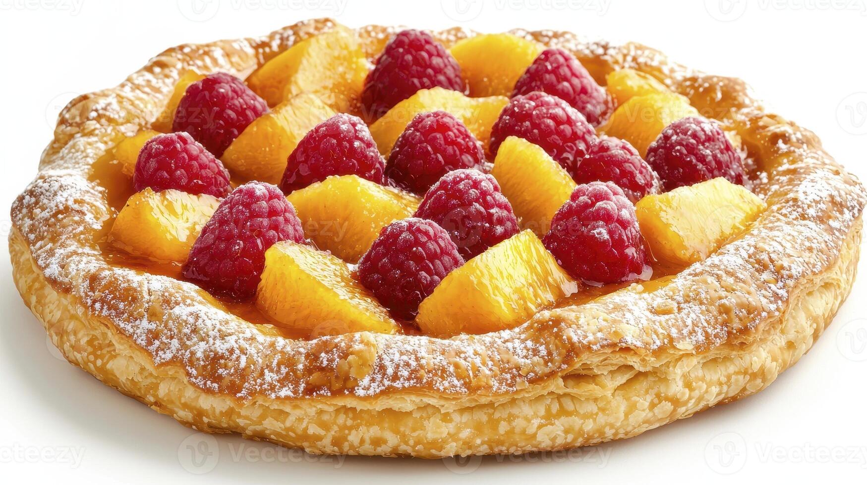Indulge in the delightful flavors of a homemade fruit tart, a scrumptious pastry featuring a flaky crust and vibrant mix of fresh raspberries and juicy peaches, dusted with a delicate touch of photo