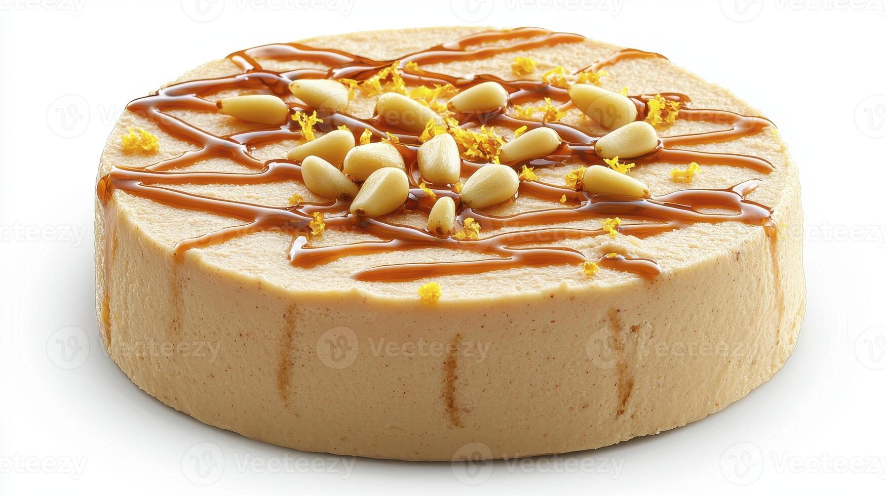 Indulge in the Sweet Symphony A Captivating Image of Decadent Caramel Cake Adorned with Toasted Pine Nuts and Zesty Orange Peel, Evoking a Sense of Warmth and Delight, Perfect for Inspiring Culinary photo