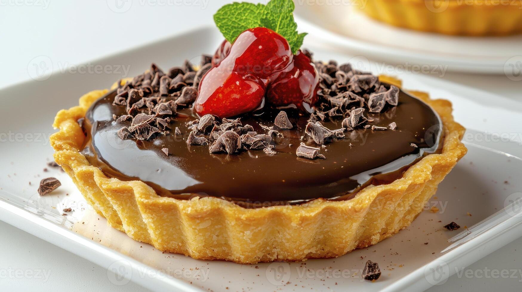 Indulge in the Deliciousness of a Homemade Chocolate Tart A Delectable Dessert Featuring a Flaky Pastry Crust, Rich Dark Chocolate Filling, Fresh Strawberries, Mint Garnish, and Dark Chocolate photo