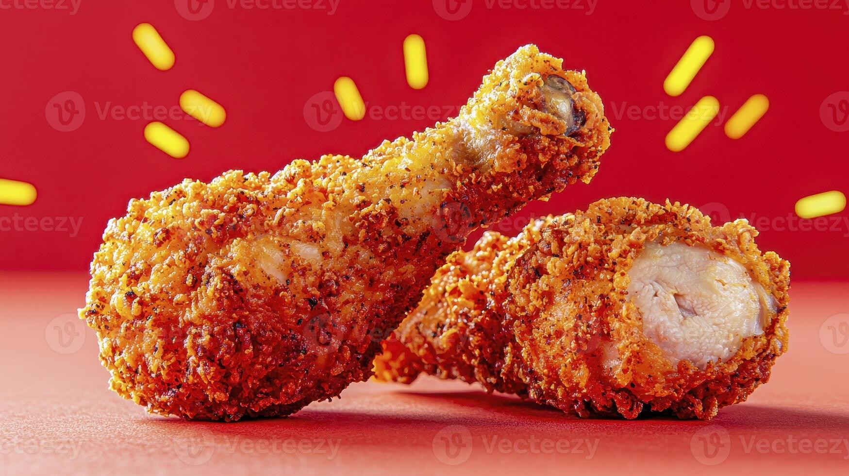 Indulge in crispy, golden-brown perfection with this close-up shot of freshly fried chicken drumsticks against a vibrant red backdrop Experience the tantalizing aroma and irresistible texture that photo