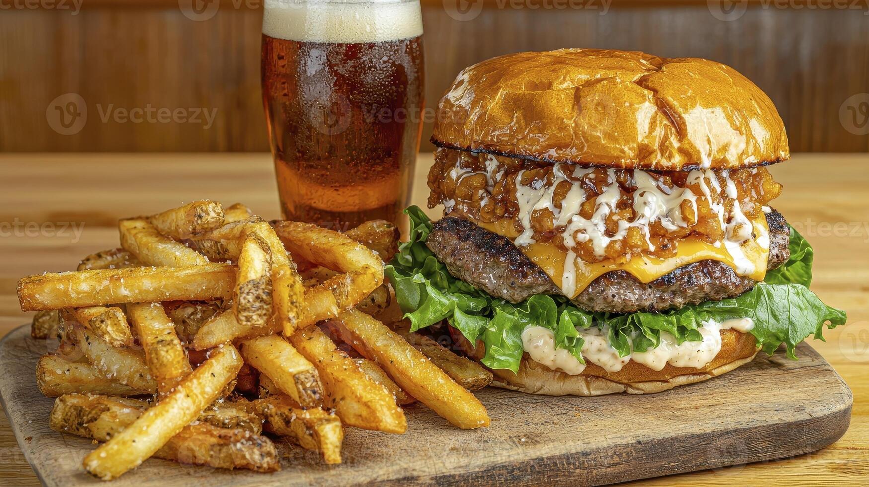 Indulge in a mouthwatering culinary experience with this captivating image showcasing a delectable burger, complete with layers of juicy meat, melted cheese, crisp lettuce, and tantalizing toppings photo