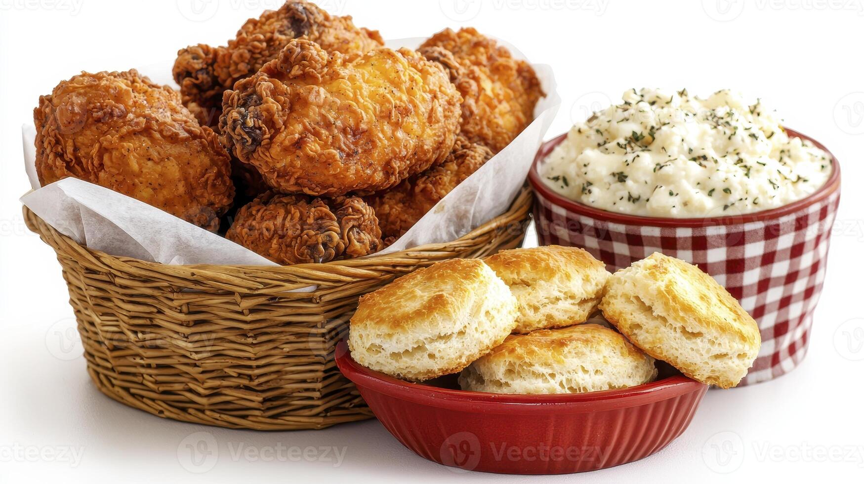 Indulge in a delightful Southern feast with this captivating image showcasing crispy fried chicken nestled in a charming wicker basket, accompanied by fluffy, golden biscuits arranged in a vibrant photo