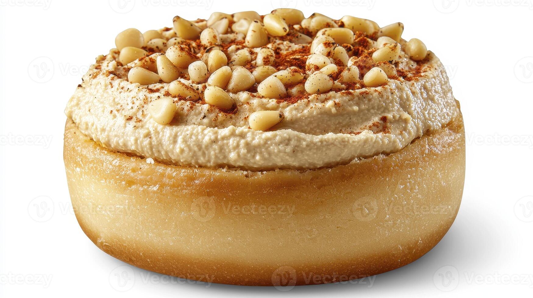 Indulge in a captivating close-up of a delectable donut adorned with a luscious topping and scattered pine nuts, enticingly presented against a pristine white background, capturing every photo