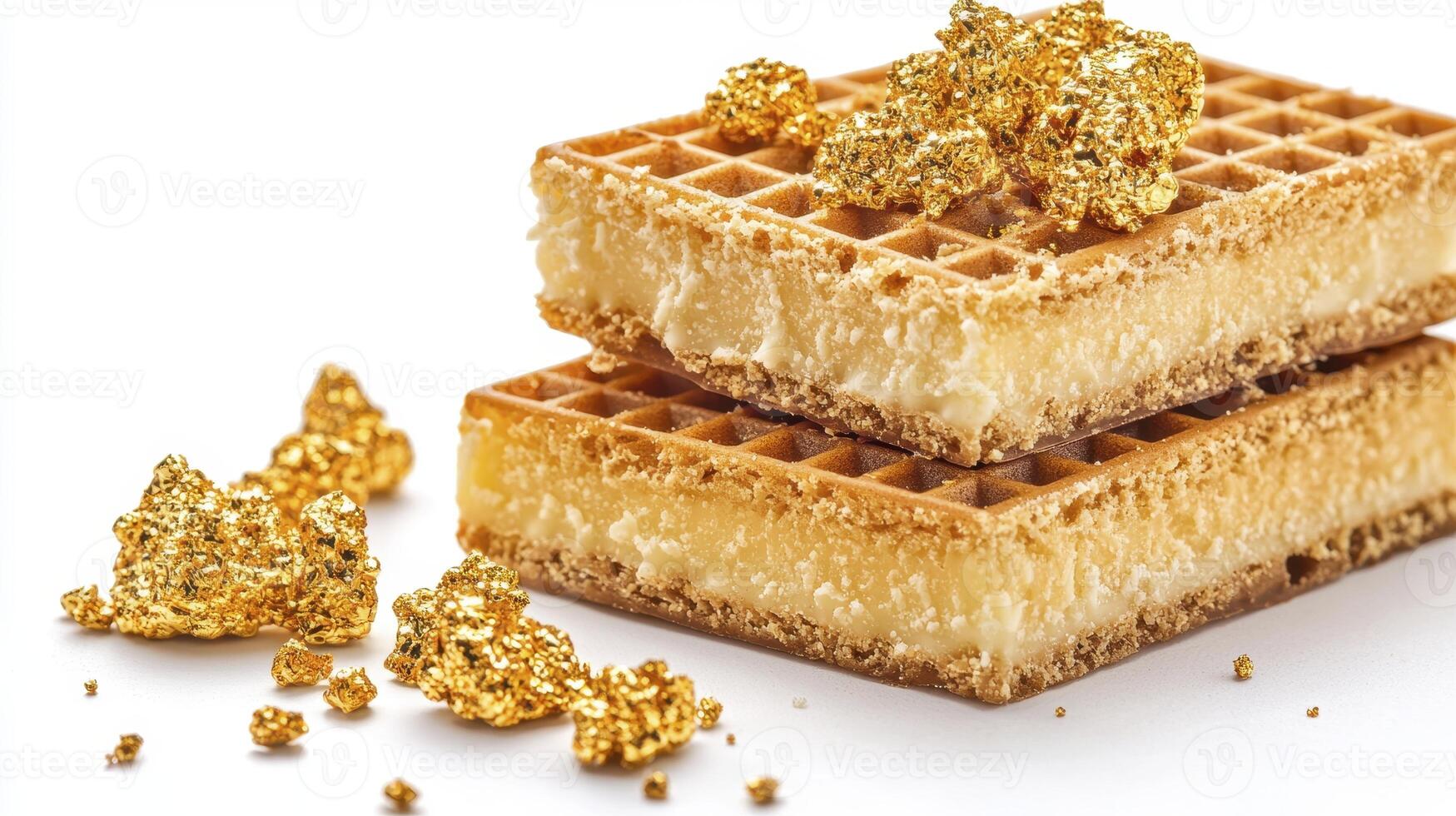 Indulge in Decadence Exquisite Gold-Leaf Waffles, A Luxurious Culinary Delight, Featuring Stacked Golden Waffles Enhanced with Edible Gold Leaf Flakes, Presented on a Pristine White Background photo