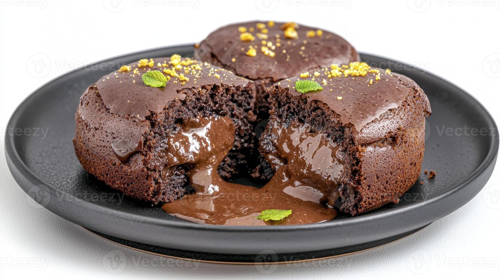 Indulge in Decadence A Close-Up of Molten Chocolate Lava Cake Perfection, Capturing its Rich, Gooey Center and Irresistible Texture on a Black Plate Savor the Delight of Warm, Melting Chocolate and photo