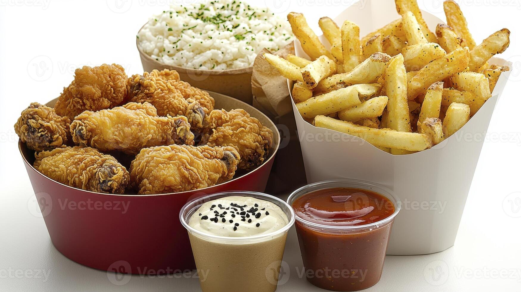 Indulge in Crispy Perfection A Delicious Feast of Fried Chicken, Golden French Fries, Creamy Coleslaw, and Savory Dips A Mouthwatering Culinary Delight That Combines Classic Comfort Food with photo