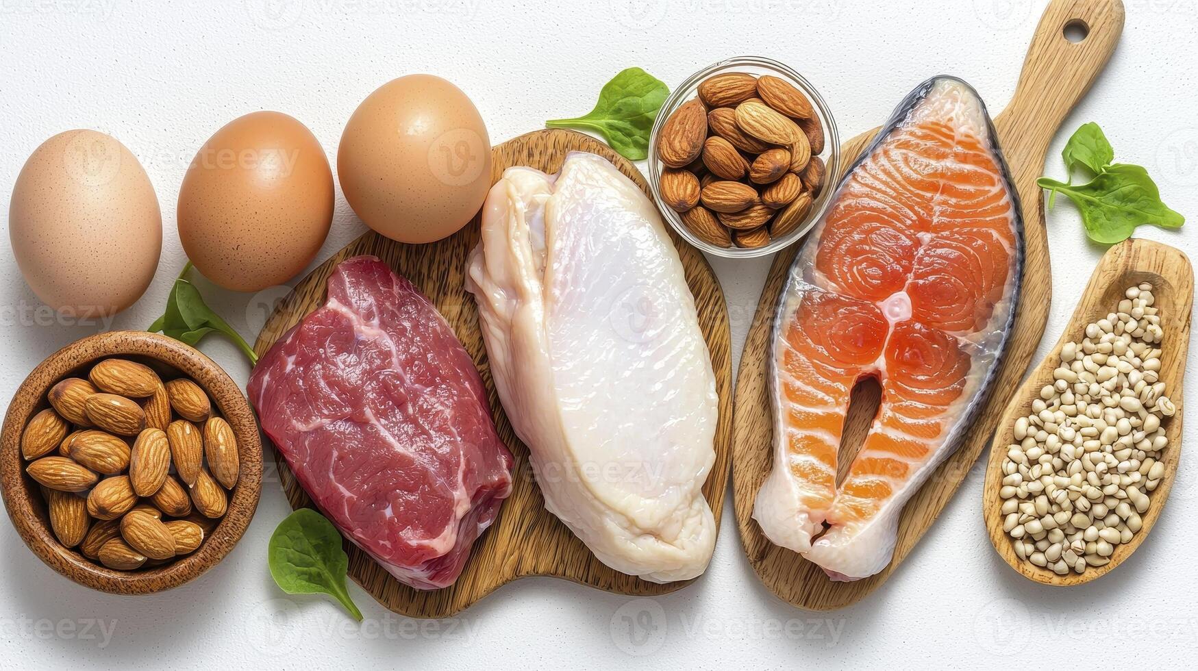 Healthy Eating Delights A Vibrant Composition of Protein-Packed Foods for Optimal Wellness and Nutrition, Showcasing Fresh Meat Cuts, Shiny Eggs, Exquisite Fish Fillets, and a Diverse Array of photo
