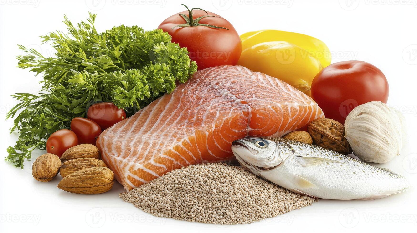 Healthy Eating A Vibrant Display of Fresh, Natural Foods for Optimal Wellness, featuring Salmon, Tomatoes, Herbs, and more Explore the Benefits of a Balanced Diet Rich in Essential Nutrients photo