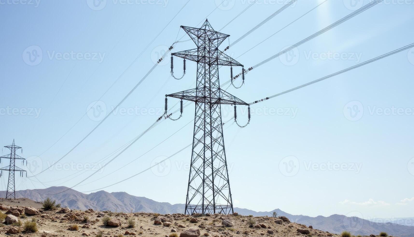 High-voltage power lines stretch across a barren, sun-drenched landscape, pylons standing tall against the clear blue sky Electrical towers transmit energy, connecting urban centers and rural photo