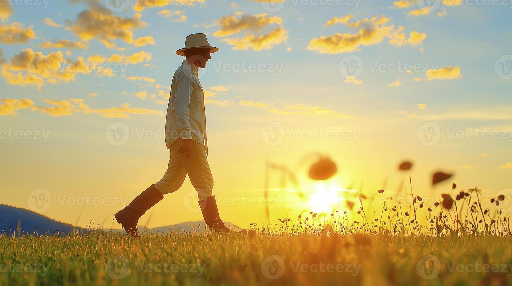Golden Hour Farmer Capturing Serenity and Rural Life in a Meadow Stroll Experience the tranquil beauty of a lone figure walking through a sun-drenched field at sunset This image embodies peace photo
