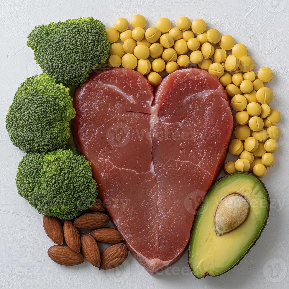 Fuel your heart with the goodness of nature a vibrant image showcasing heart-healthy foods Explore the power of a balanced diet with this visually stunning composition featuring lean meat, vibrant photo