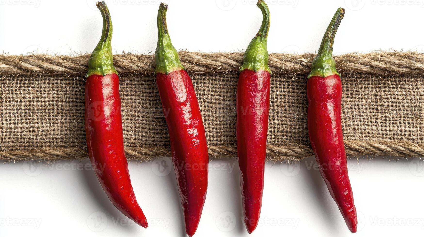 Four vibrant red chili peppers aligned horizontally, a spicy and flavorful culinary delight, showcased against a rustic burlap rope backdrop, emphasizing natural textures and earthy tones, ideal for photo