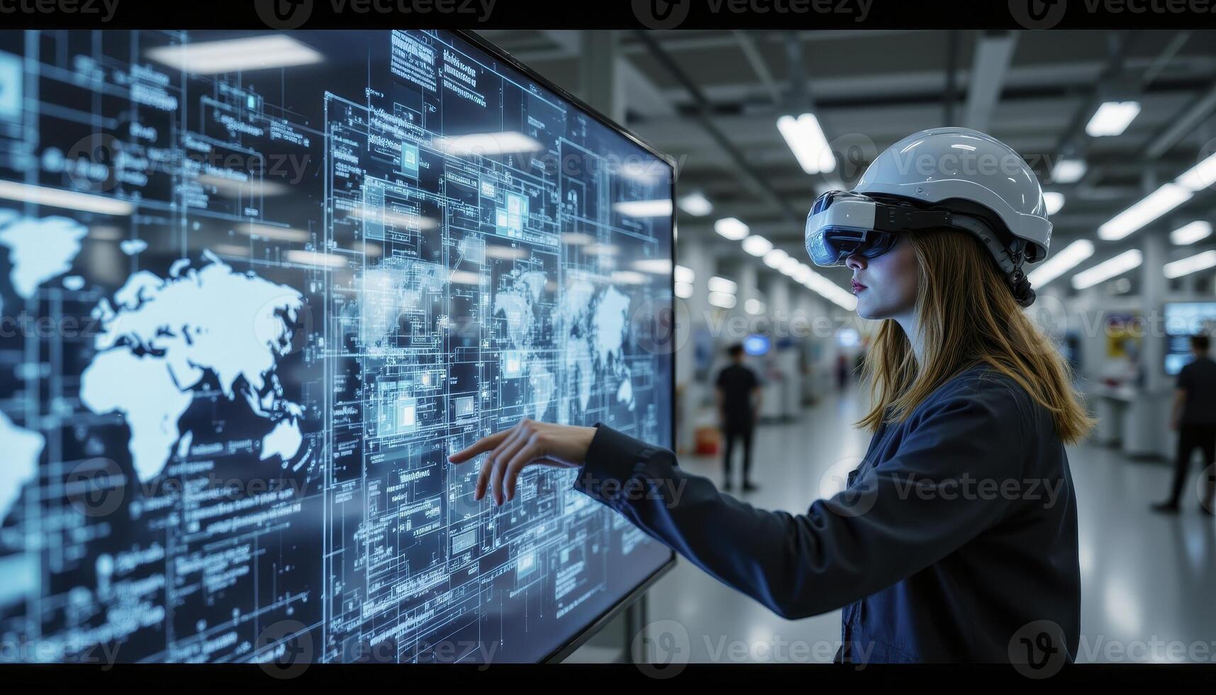Exploring the Future A Glimpse into Virtual Reality in Industry, Showcasing Innovation and Technological Advancement This scene captures a person wearing a VR headset, interacting with a large photo