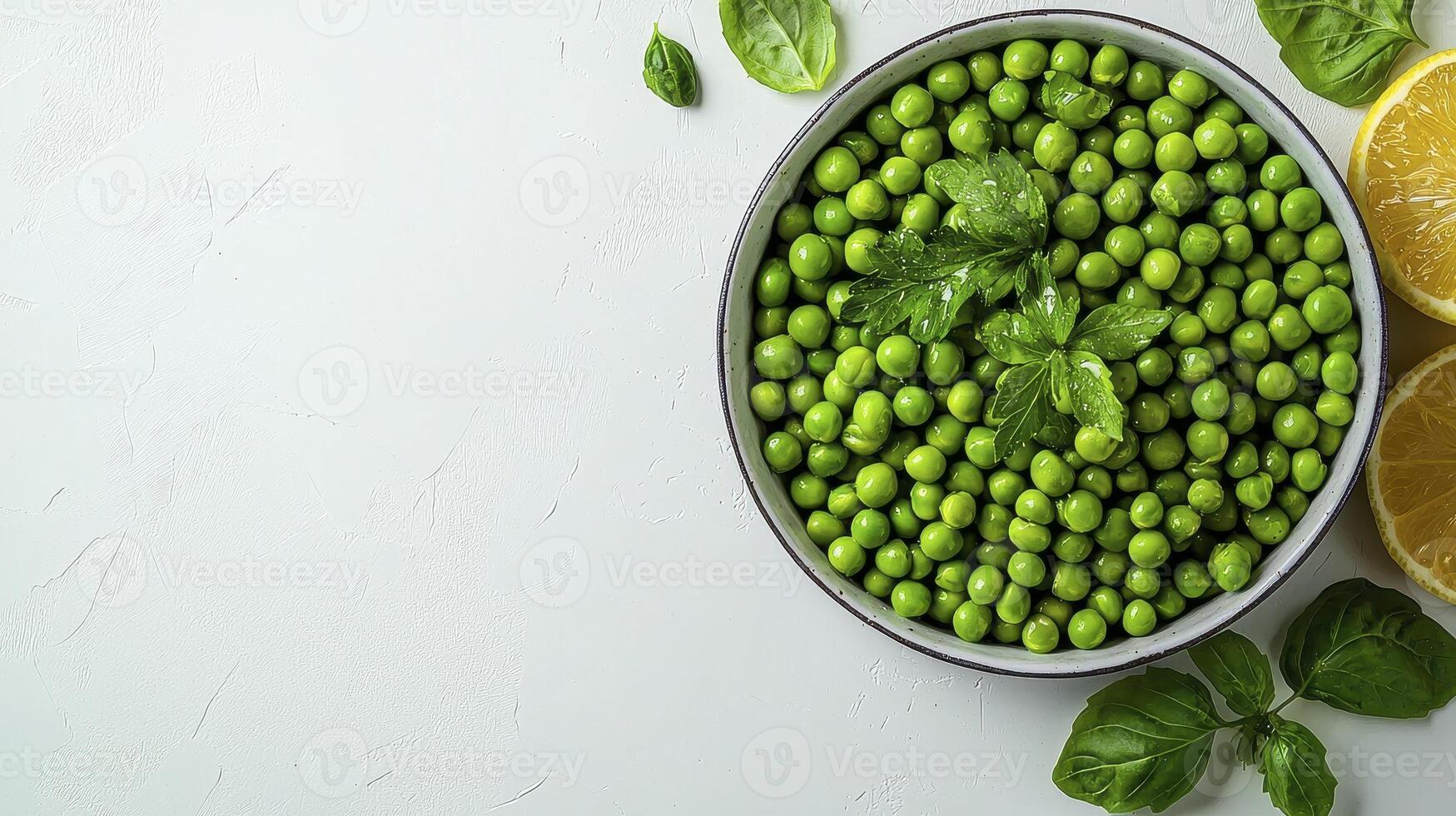 Fresh Green Peas in Bowl with Lemon Wedges A Vibrant Culinary Image Showcasing the Beauty of Natural Food, Healthy Eating, and the Simplicity of a Nutritious Diet Ideal for Blogs About Vegan Recipes photo
