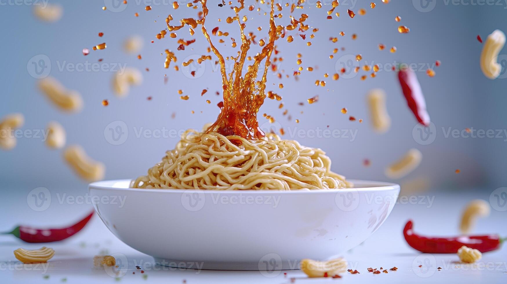 Explore the vibrant fusion of flavors in this dynamic image showcasing delicious noodles, enhanced by a spicy chili sauce splash and scattered red chili peppers, perfect for culinary enthusiasts photo