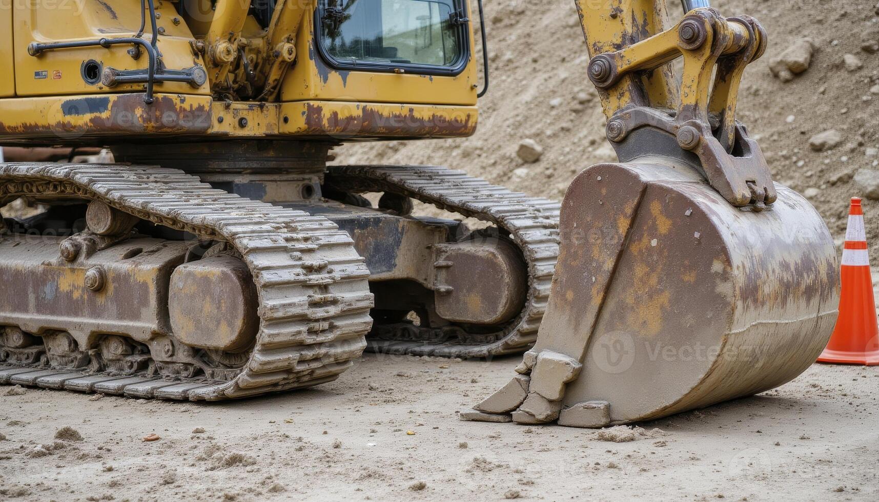 Explore the rugged power of construction machinery with this close-up image showcasing a massive excavator bathed in natural light, highlighting its intricate details, from the heavy-duty tracks to photo