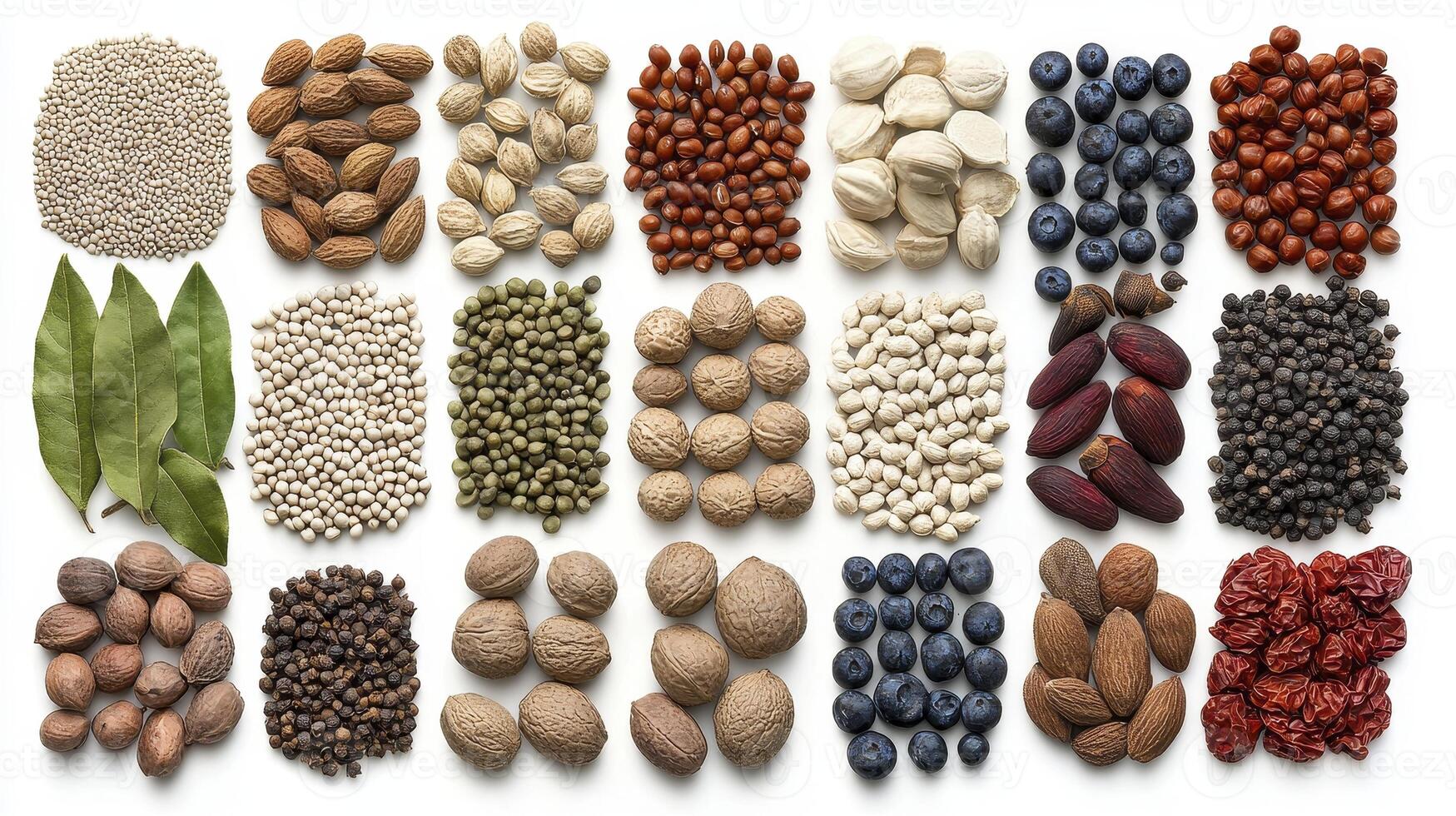 Explore the Vibrant World of Nutritious Foods A Colorful Collage Featuring a Diverse Array of Seeds, Nuts, Berries, and More, Perfect for Healthy Snacking, Baking, or Adding a Boost of Natural photo