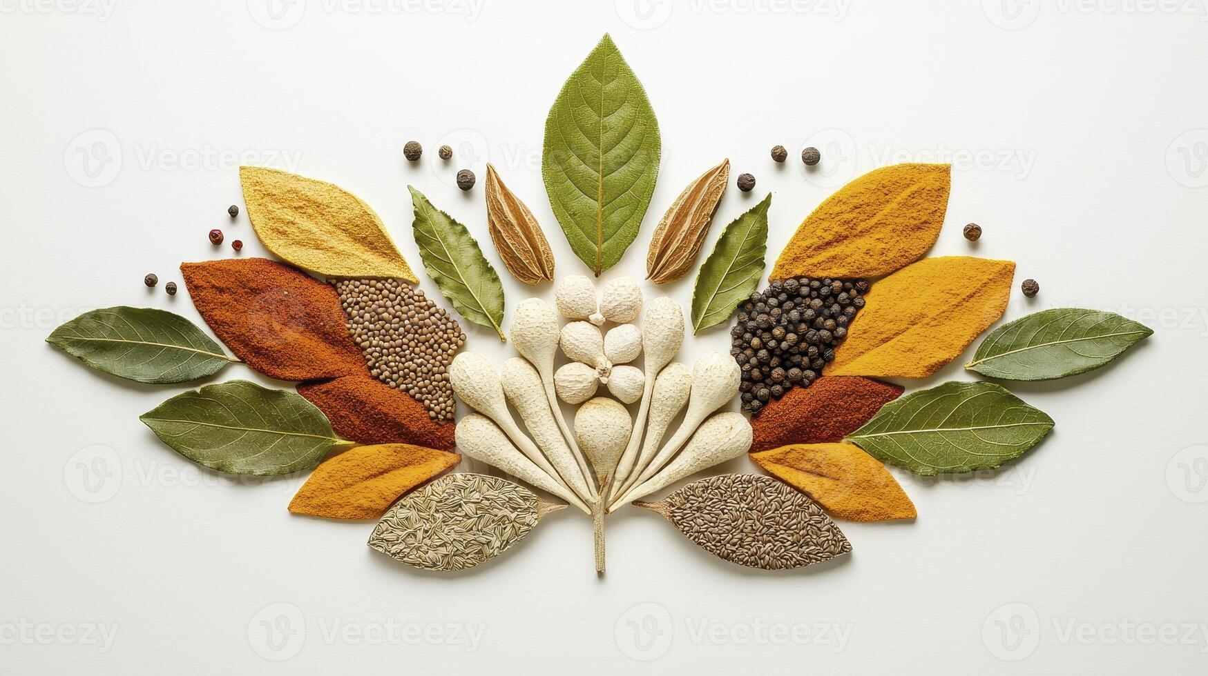 Explore a vibrant tapestry of flavors with this high-resolution image showcasing an artistic arrangement of diverse spices Each spice, meticulously placed, reveals a unique texture and color photo