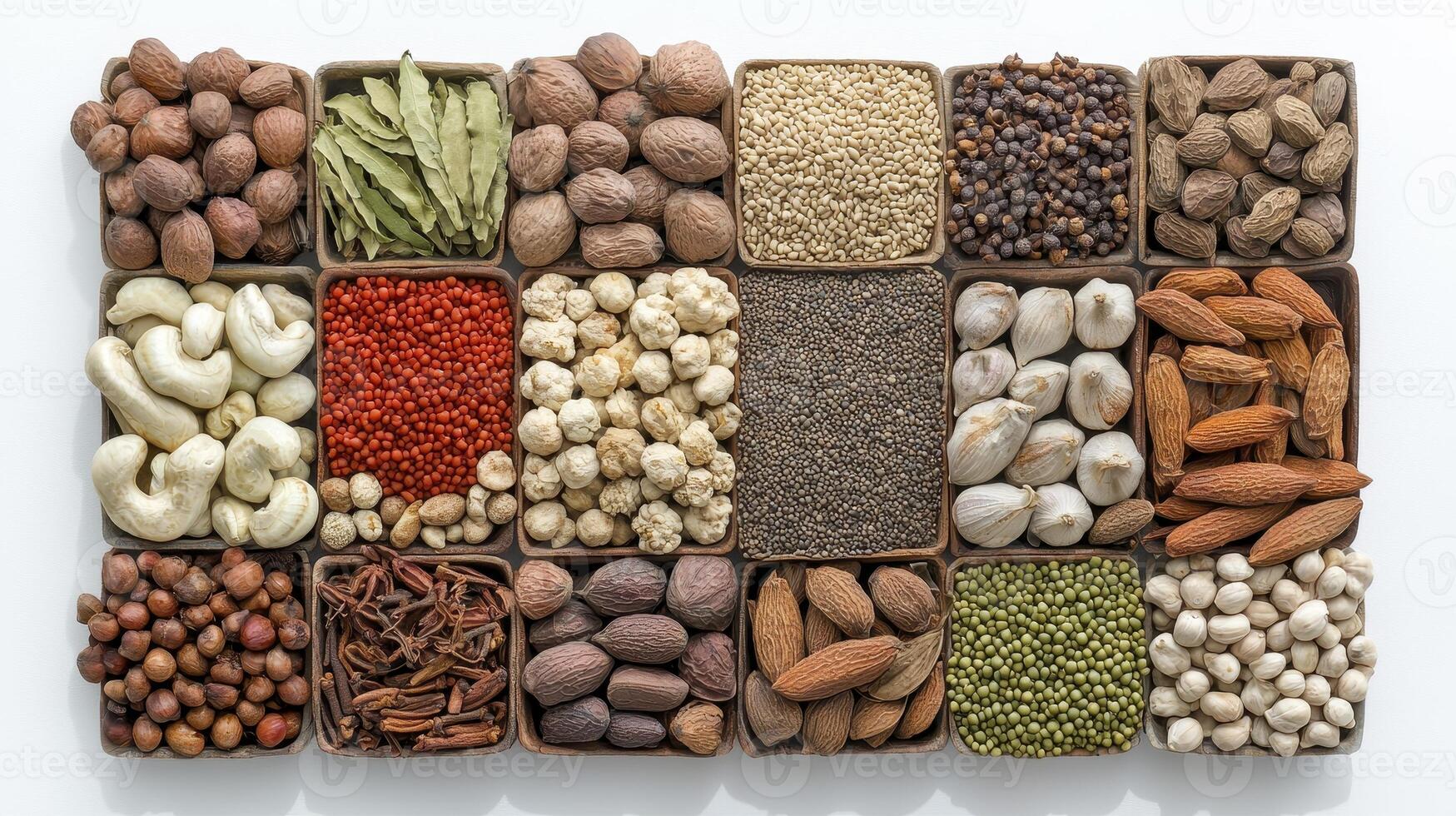 Explore a vibrant array of natural, wholesome delights with this captivating image showcasing a diverse assortment of nuts, seeds, and legumes, all meticulously arranged in individual compartments photo