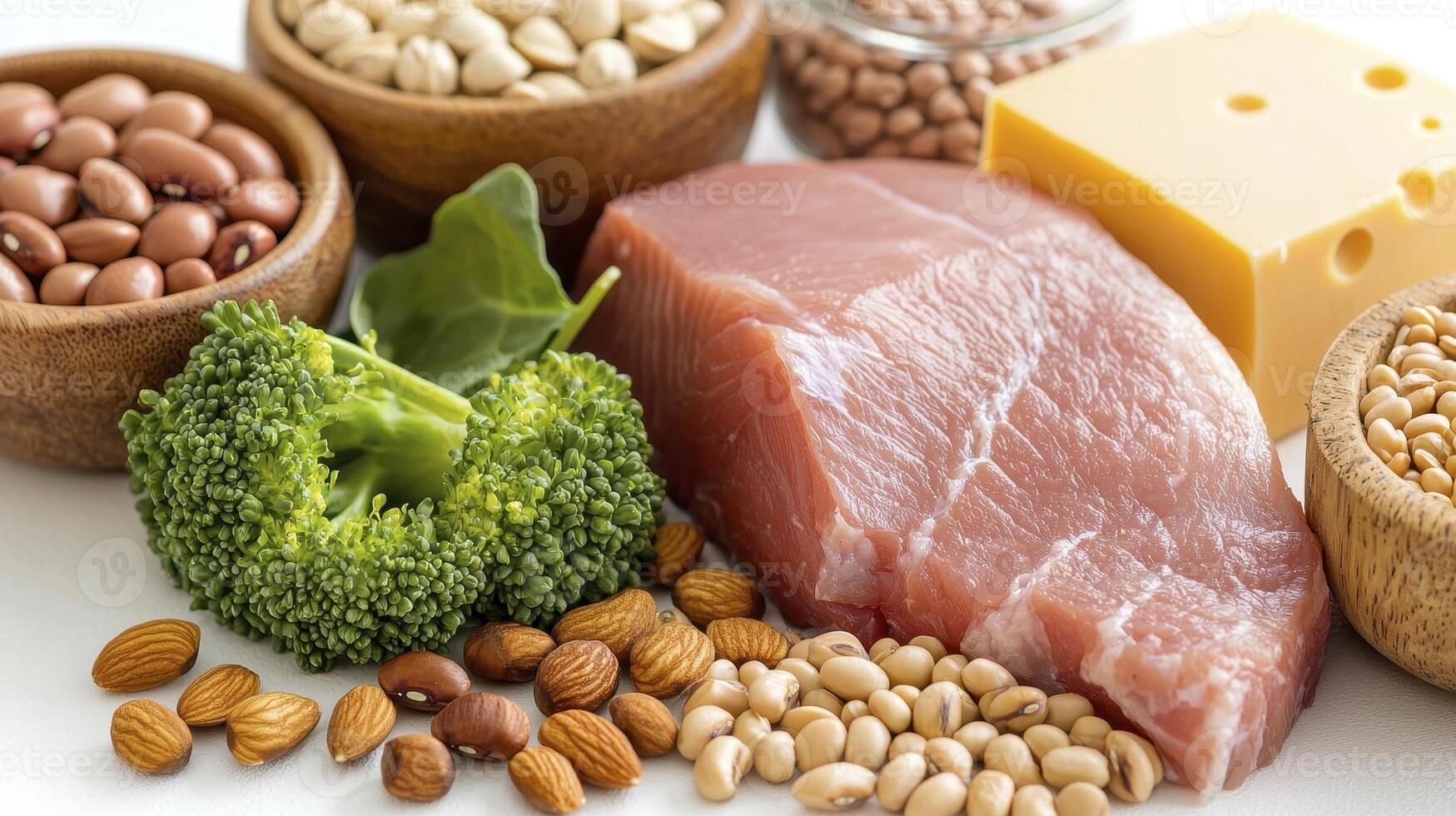 Explore a vibrant and nourishing assortment of wholesome foods displayed in a captivating composition, a visual symphony of protein, vegetables, and healthy ingredients Discover a colorful array of photo