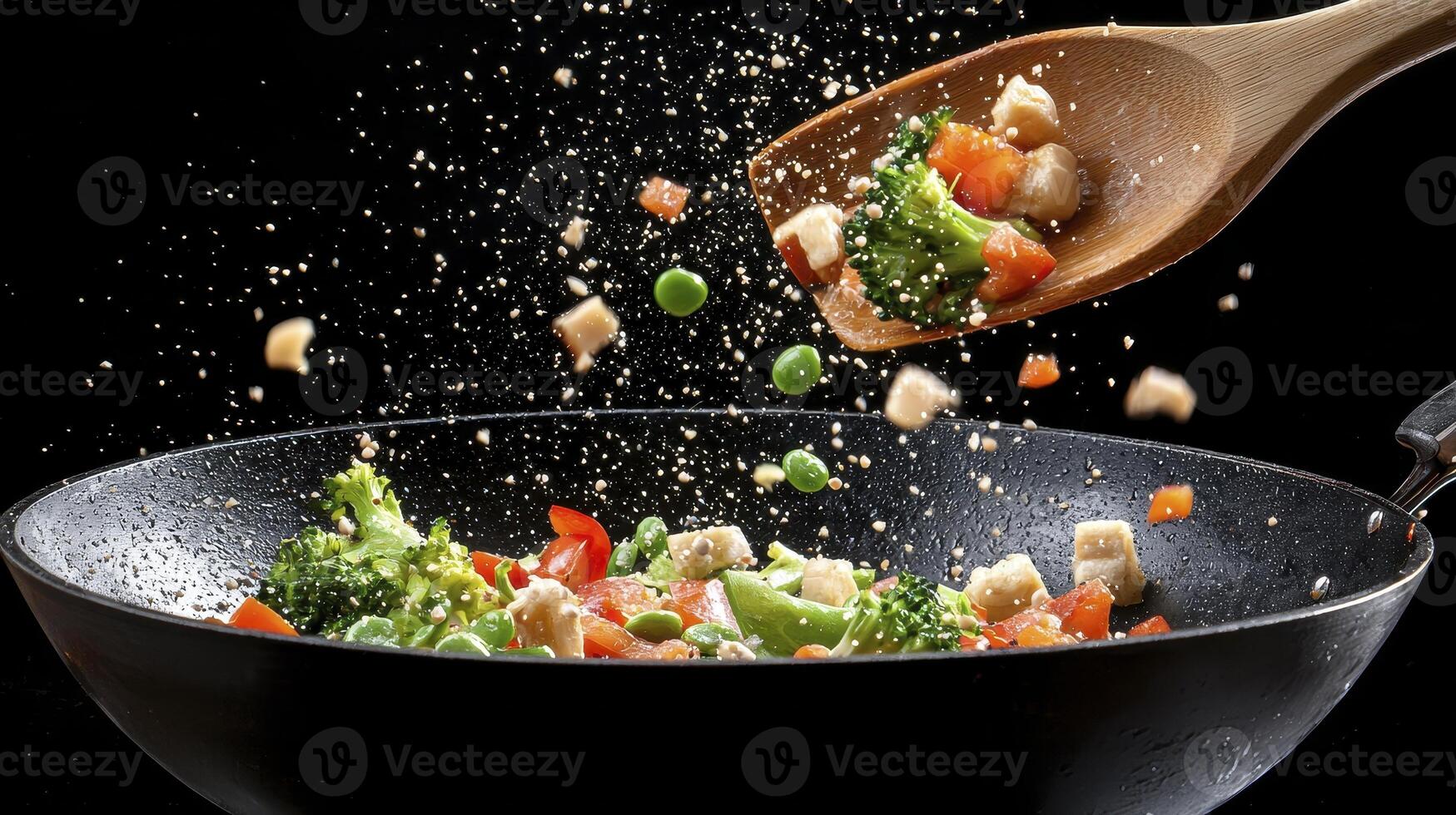 Dynamic Stir-Fry Action Shot Capturing the Culinary Art of Delicious and Healthy Food Preparation, where Vibrant Ingredients Meet High-Speed Cooking Witness the Dance of Fresh Vegetables, Tender photo