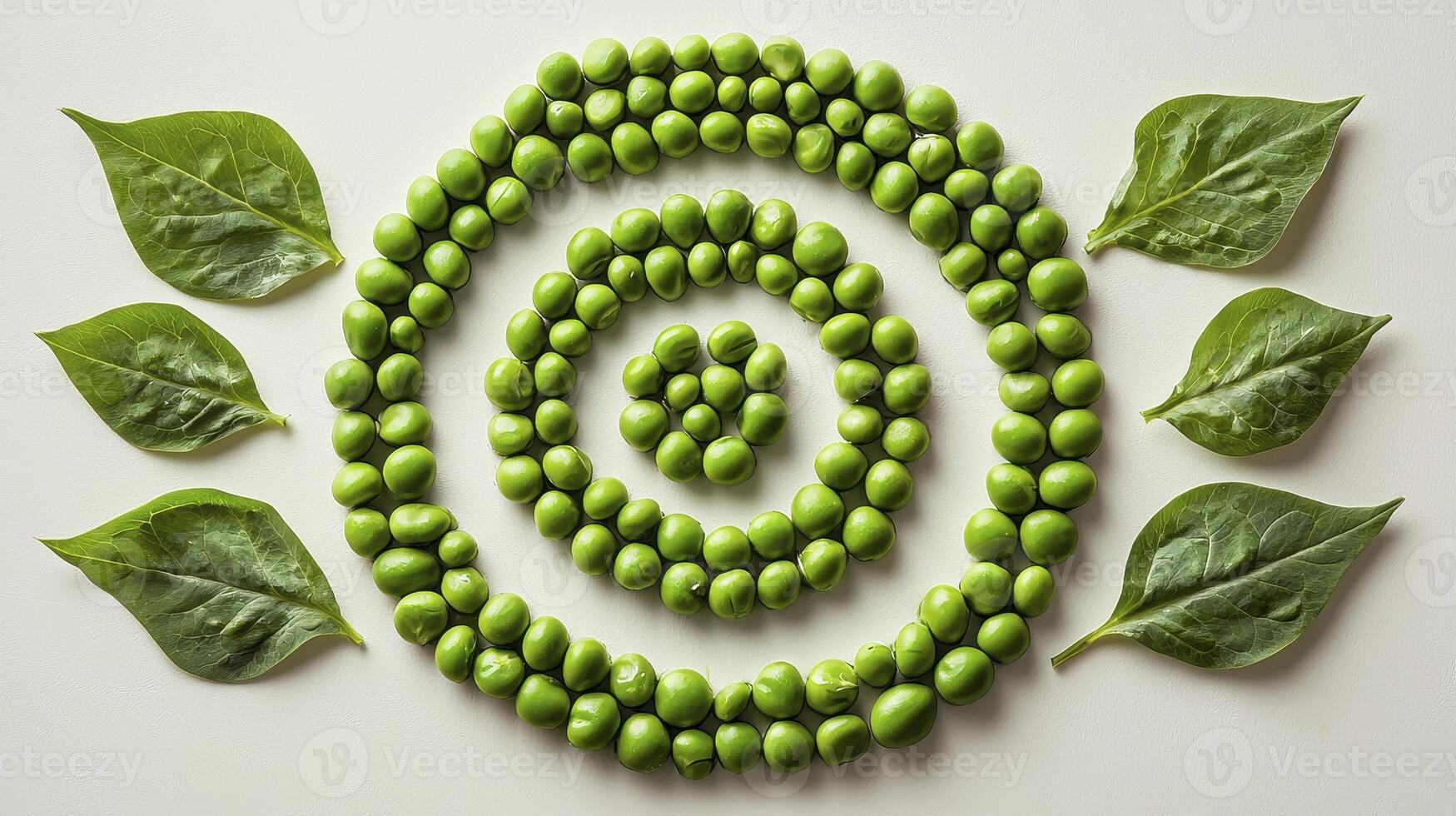 Discover the vibrant beauty of nature's artistry with this captivating image showcasing a delightful spiral arrangement of fresh green peas, meticulously crafted to create a visually stunning photo