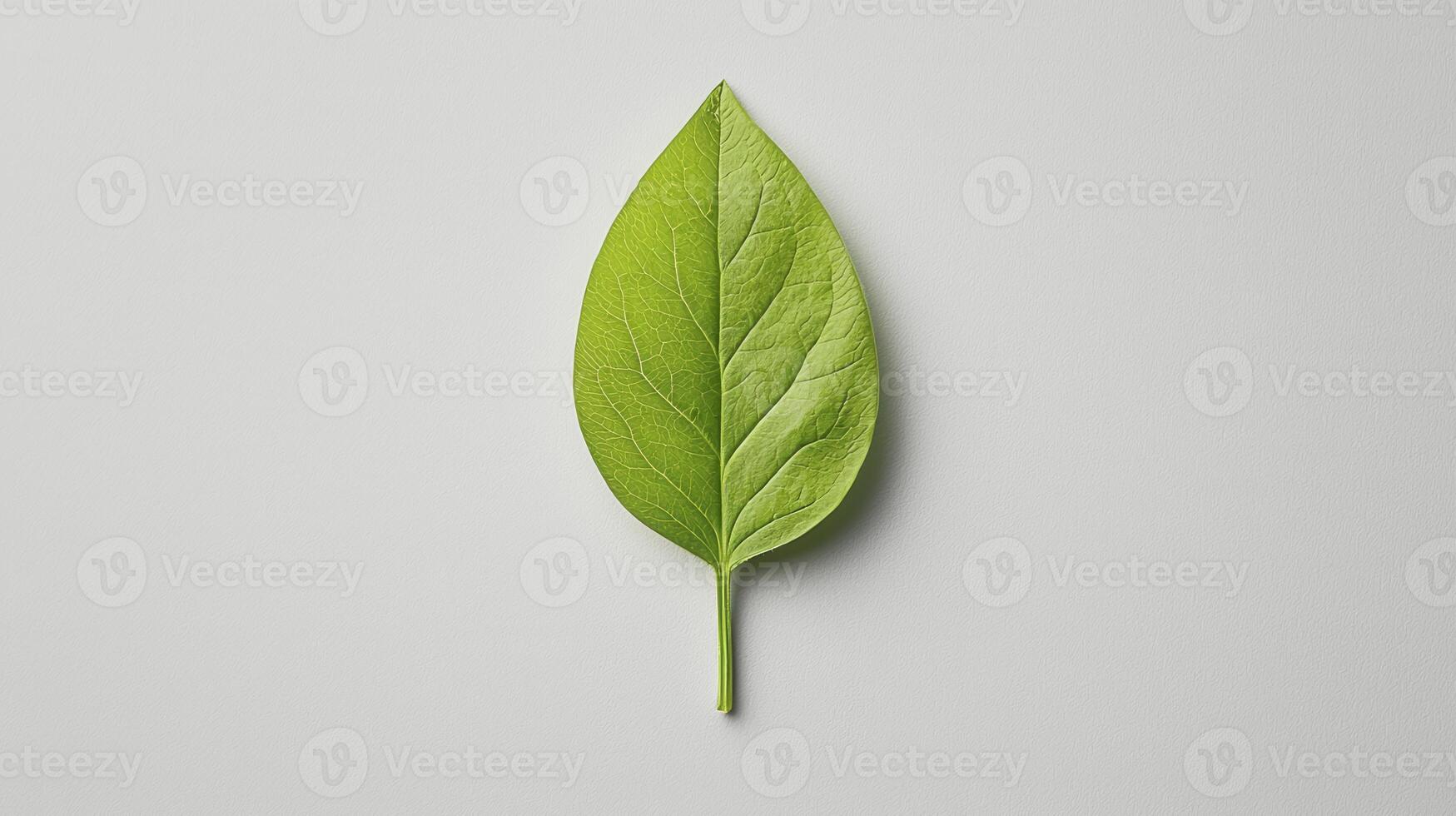 Discover the serene beauty of a single green leaf, captured in a minimalist close-up against a clean, white backdrop This image highlights the intricate details of nature's design, showcasing the photo