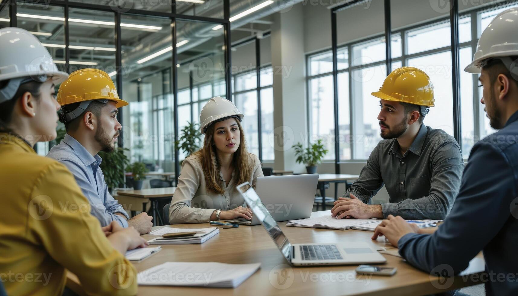Dynamic Teamwork Collaborative Construction Crew Meeting in Modern Office Diverse group of engineers and architects wearing hard hats, discussing plans and strategies at a conference table Utilizing photo