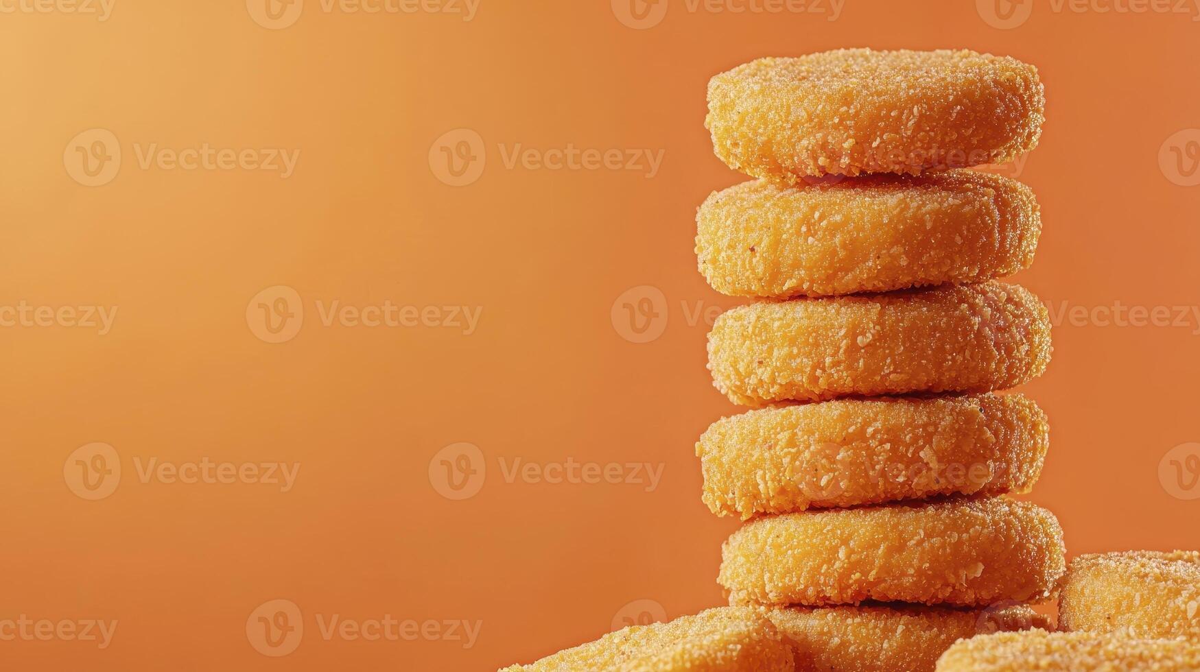 Discover the golden perfection of chicken nuggets, a delightful stack showcasing crispy textures and tempting flavors against a vibrant orange backdrop, perfect for fast food cravings, kid-friendly photo