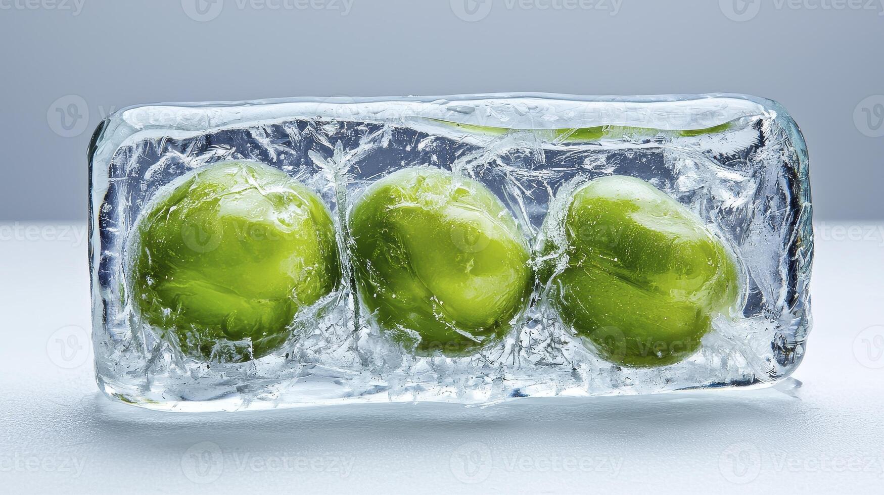 Discover the captivating image of three vibrant green peas, perfectly encased in a crystal-clear block of ice, showcasing the beauty of frozen freshness and natural preservation techniques Explore photo