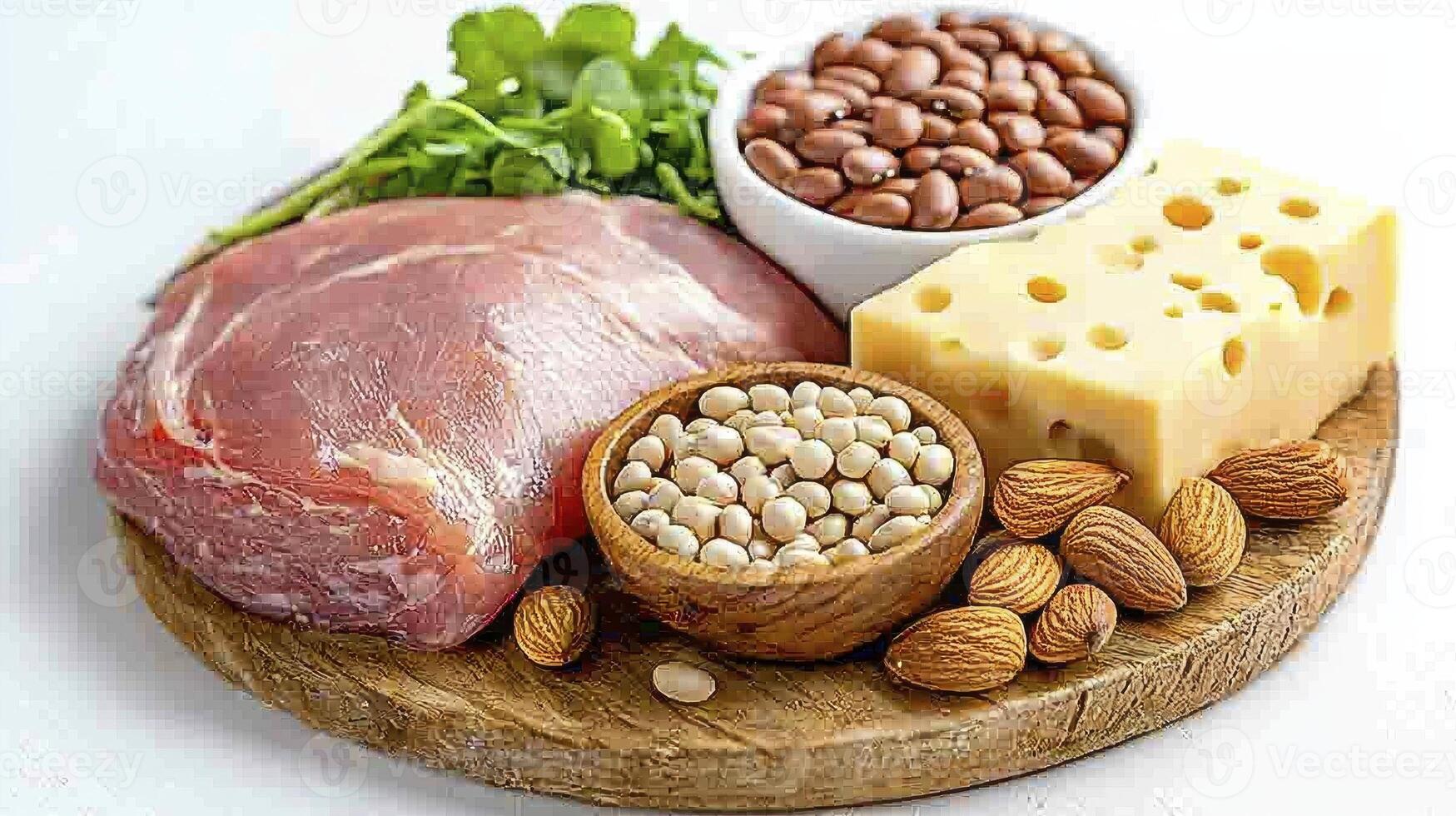 Discover protein-rich foods for a balanced diet and a healthy lifestyle Explore images of lean meat, nutritious beans, creamy cheese, and crunchy nuts, showcasing essential protein sources Optimize photo