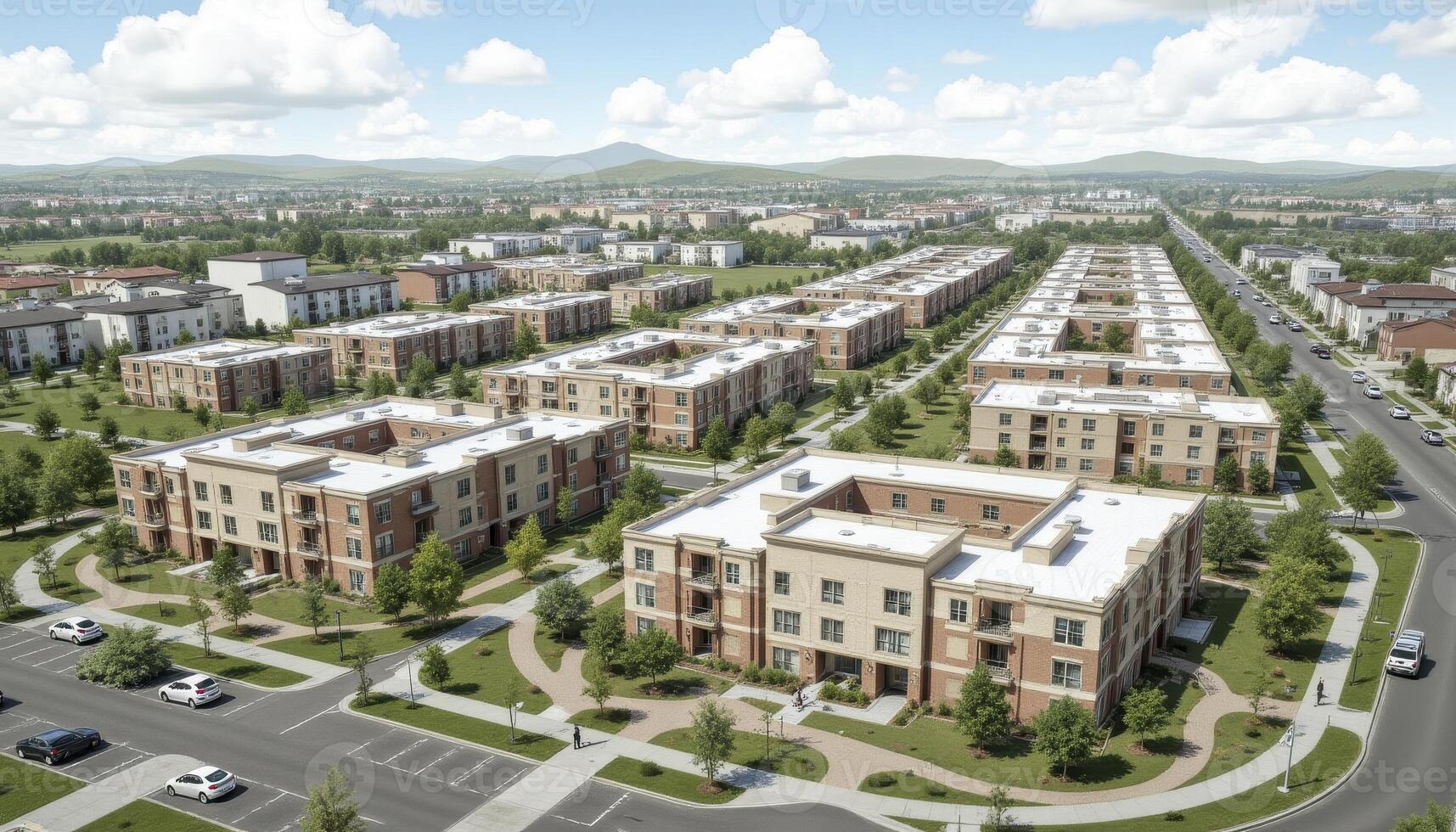Discover luxurious community living with this aerial view showcasing beautifully designed apartment complexes nestled in a vibrant urban landscape, perfect for modern lifestyles, featuring photo