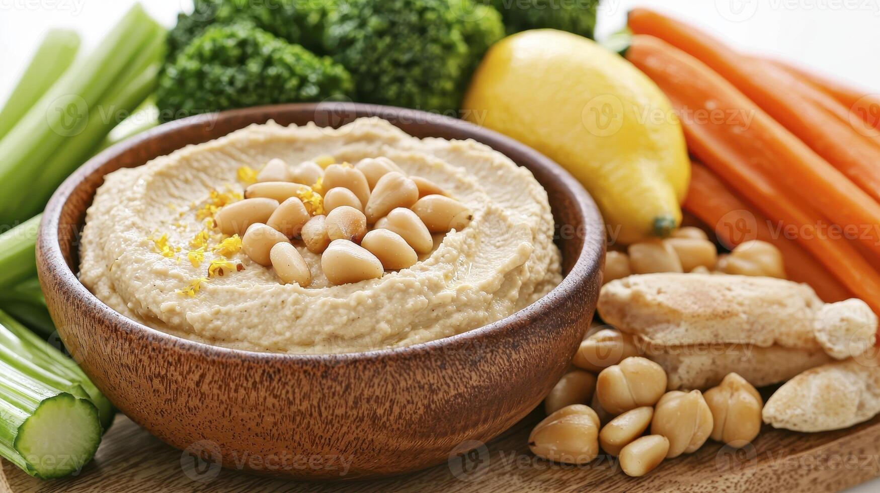 Discover a delightful and nutritious hummus platter featuring creamy hummus, crunchy carrots, crisp celery sticks, vibrant broccoli florets, and a tangy lemon wedge, perfect for a healthy snack photo