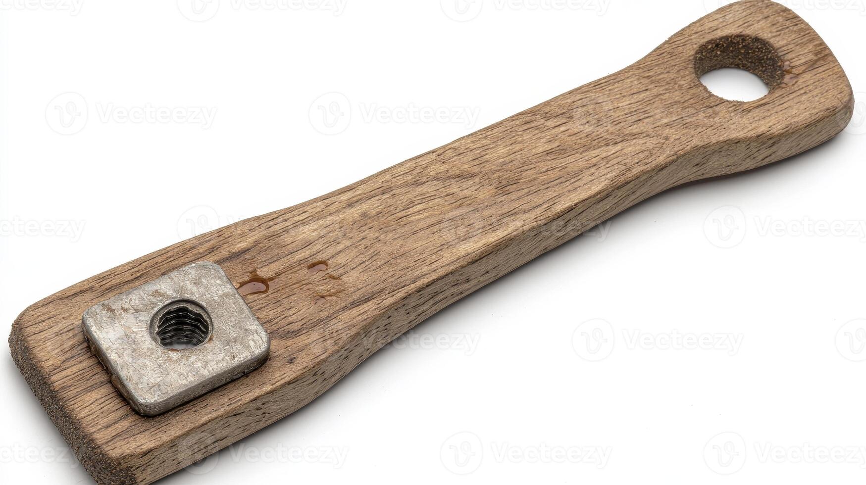 Detailed Still Life Photograph of a Handcrafted Wooden Utensil Featuring a Metallic Square Inlay and a Circular Hole on a Clean White Background, Showcasing the Natural Textures of the Wood and the photo