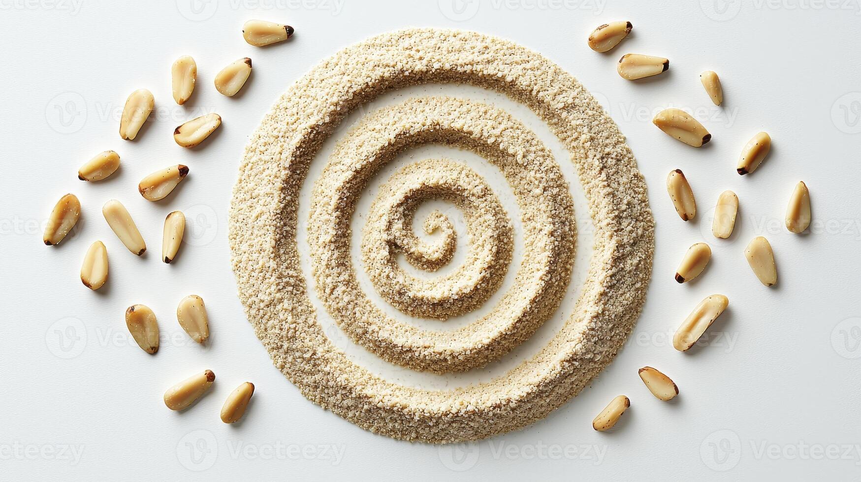 Detailed Top-Down Studio Shot of Tahini Paste Swirl and Scattered Sesame Seeds on a White Surface, Emphasizing Smooth Texture, Creamy Color, and Circular Composition, Ideal for Culinary Bloggers photo