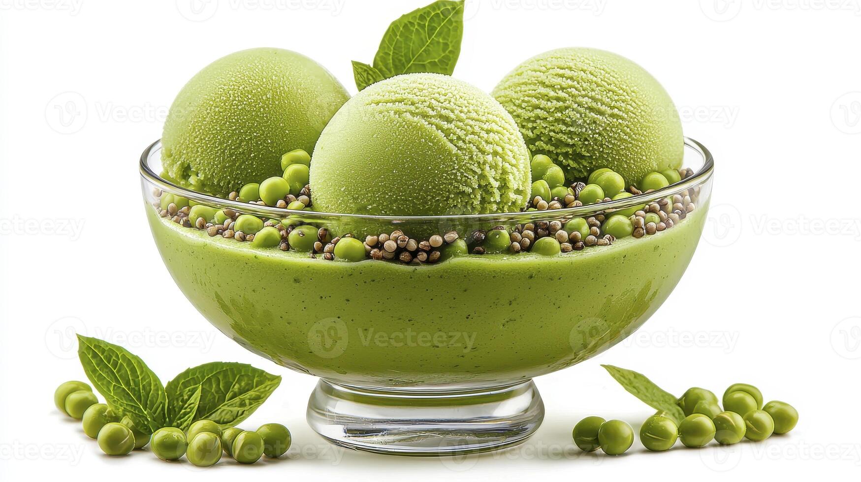 Delightful Green Ice Cream Dessert in a Glass Bowl A Refreshing Treat Featuring Mint Leaves, Perfect for Summer Indulgence and Healthy Eating, Showcasing its Unique Green Color and Creamy Texture photo