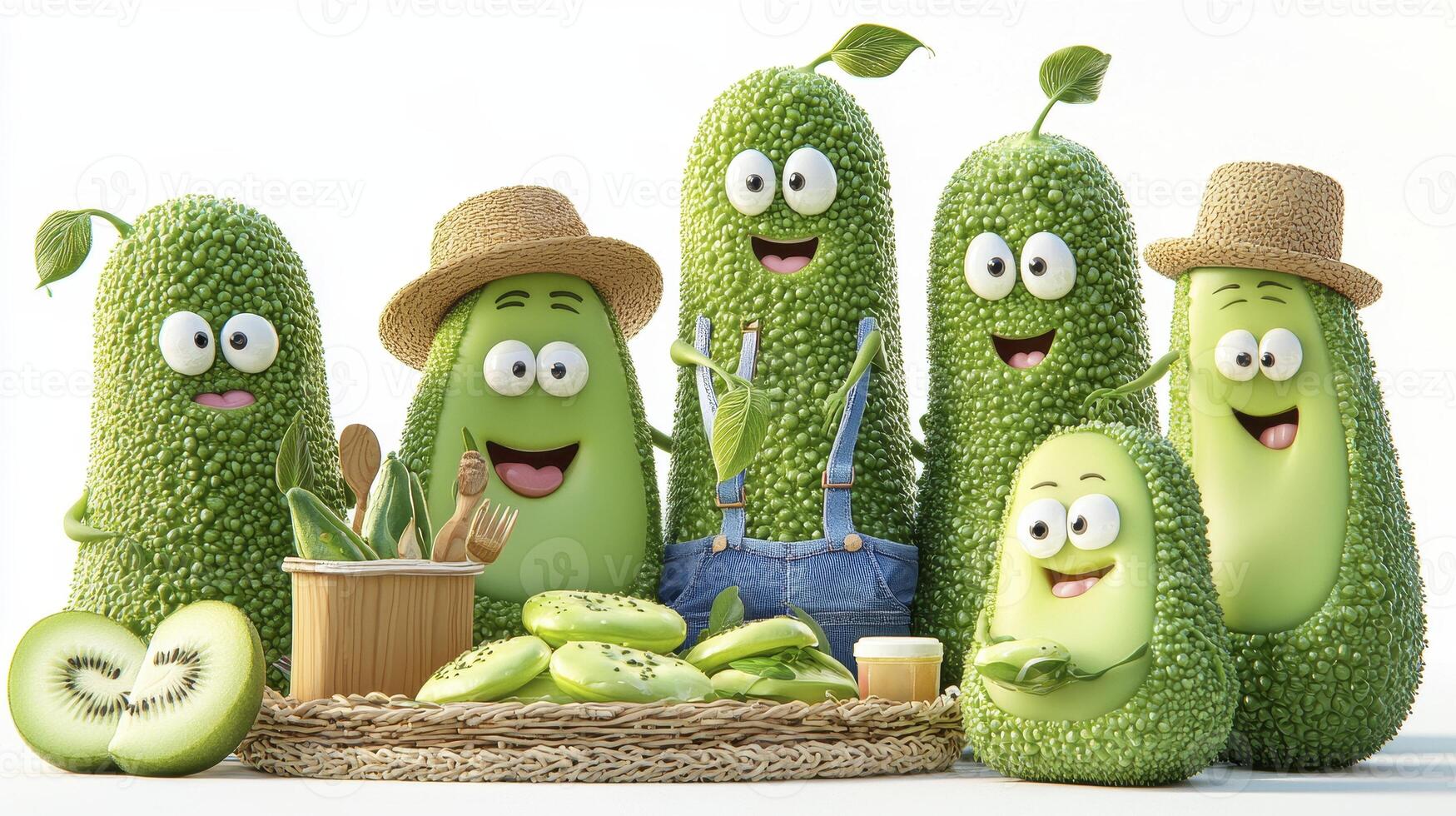 Delightful Cartoon Cucumber Family Gathering A Charming Still Life Illustration Showcasing Happy, Green Cucumber Characters in Various Poses, Perfect for Children's Books, Educational Materials, and photo