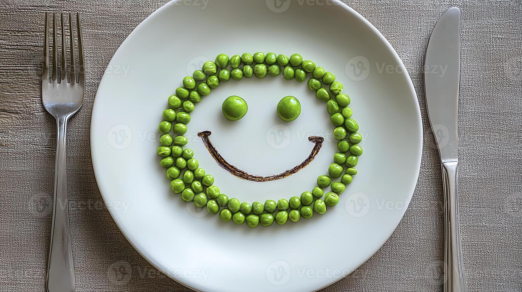 Delightful Food Art A Whimsical Smiley Face Crafted from Fresh Green Peas on a Crisp White Plate, Flanked by Elegant Silverware, Evokes Joy and Healthy Eating, Perfect for Promoting Nutritional photo
