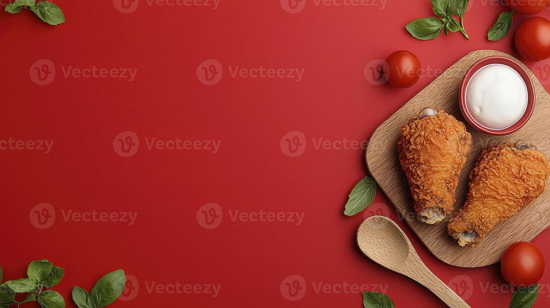 Delicious fried chicken drumsticks served on a wooden board with creamy dipping sauce, accompanied by fresh tomatoes and vibrant basil leaves, all beautifully arranged on a striking red background photo