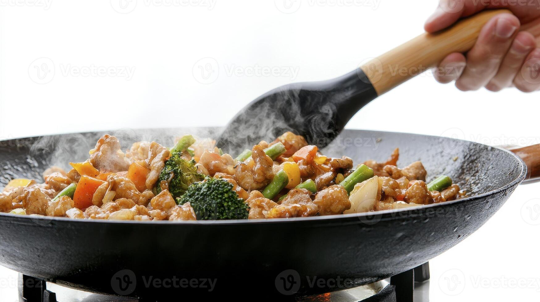 Delicious and vibrant stir-fry featuring fresh vegetables, succulent meat, and savory sauce, cooked in a traditional wok over high heat, capturing the essence of Asian cuisine A culinary masterpiece photo