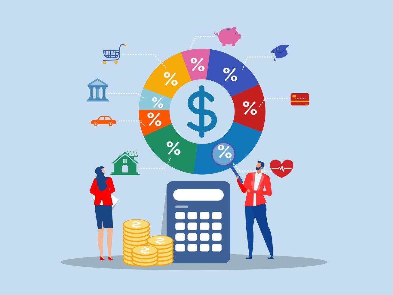 Businessman analyzes budget allocation pie chart. Cost tracking or debt management. Budget planning, financial expense concept . vector