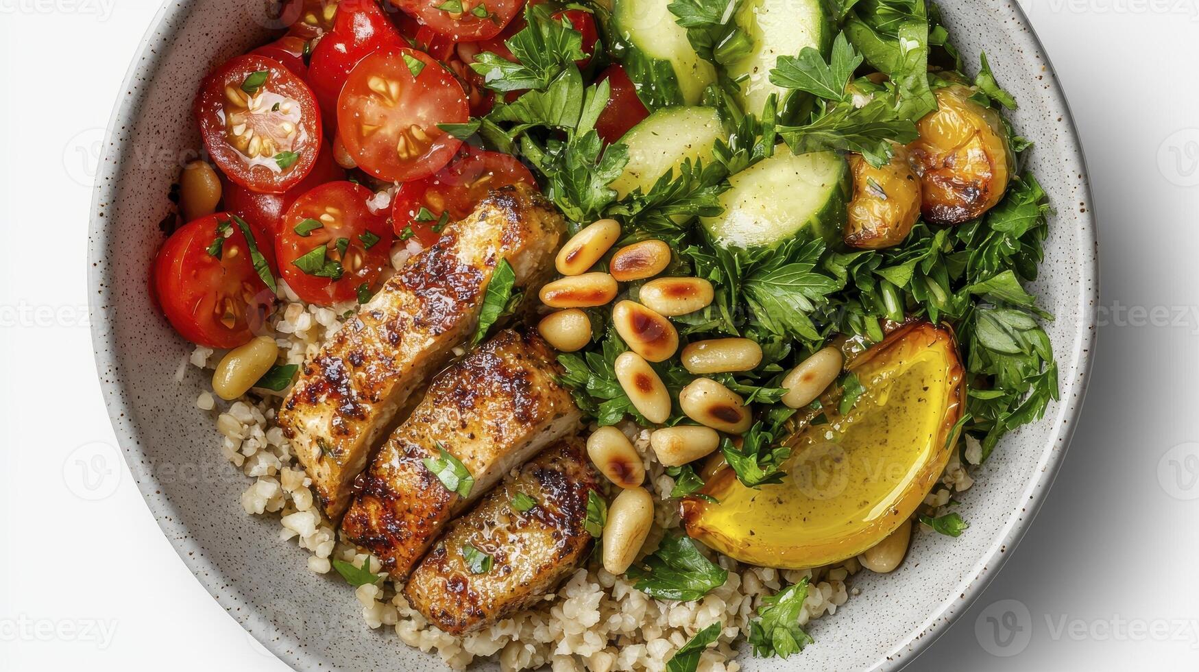 Delicious and Nutritious Grain Bowl Recipe A Vibrant Dish Bursting with Fresh Tomatoes, Crisp Cucumbers, and Flaky Chicken Perfect for a Healthy Lunch or Dinner, This Easy-to-Make Bowl Combines photo
