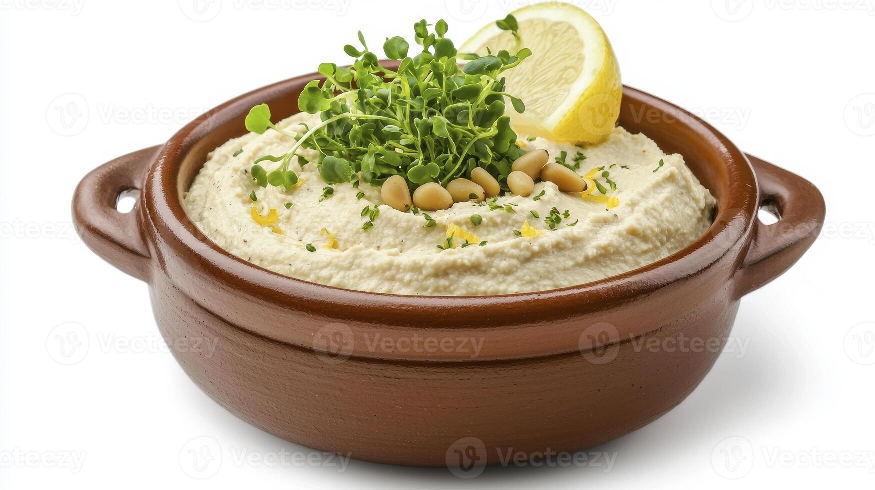Delicious and Creamy Hummus A close-up image showcasing the texture and presentation of homemade hummus in an earthen bowl, topped with fresh greens, pine nuts, and a slice of lemon, perfect for photo