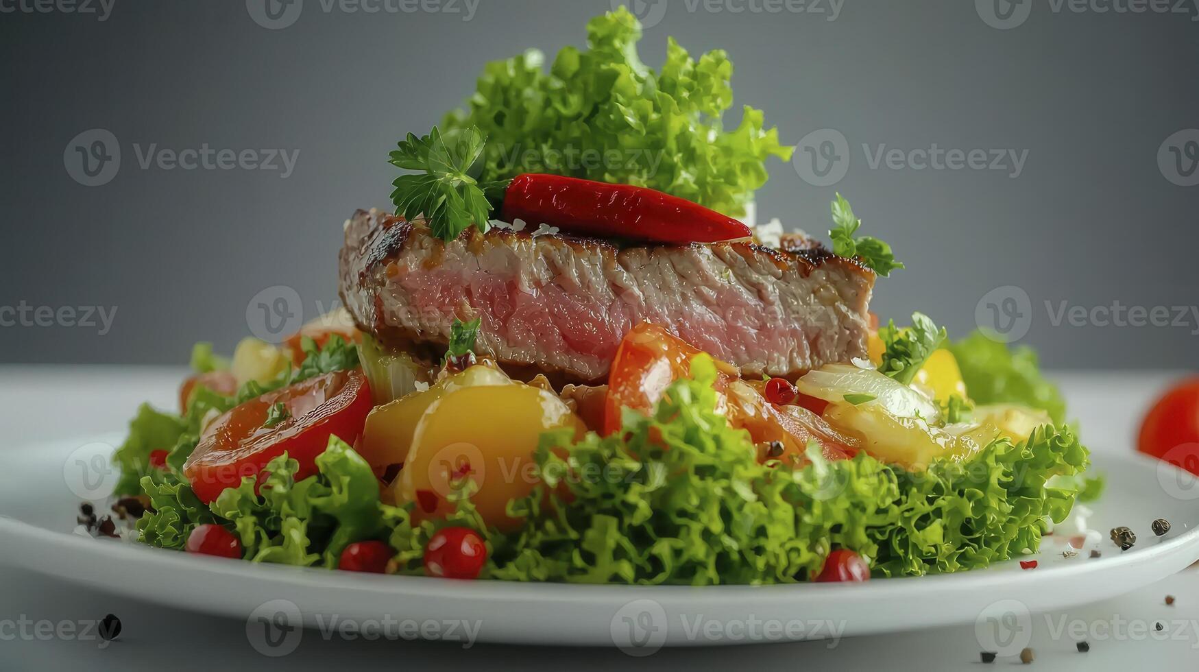 Delicious Steak Salad A Vibrant Culinary Creation Featuring Juicy Grilled Steak, Crisp Lettuce, Ripe Tomatoes, and Fresh Herbs Perfect for Healthy Eating, This Image Showcases a Colorful and photo