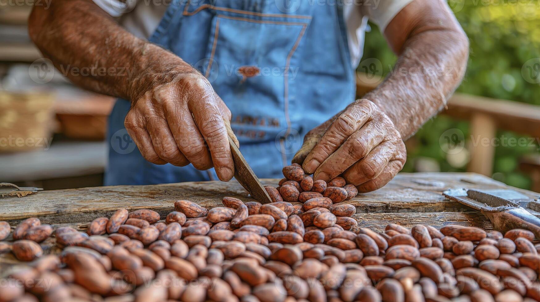 A rustic scene captures the essence of hands-on craftsmanship as an elderly man, adorned in denim overalls, meticulously sorts through a pile of rich, brown cocoa beans on a weathered wooden table photo