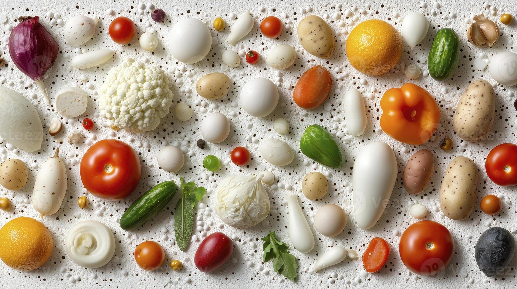 A Vibrant Array of Fresh Vegetables Capturing the Essence of Farm-to-Table Goodness with Tomatoes, Potatoes, Peppers, Cauliflower, and Cucumbers Displayed on a White Backdrop, Perfect for Culinary photo