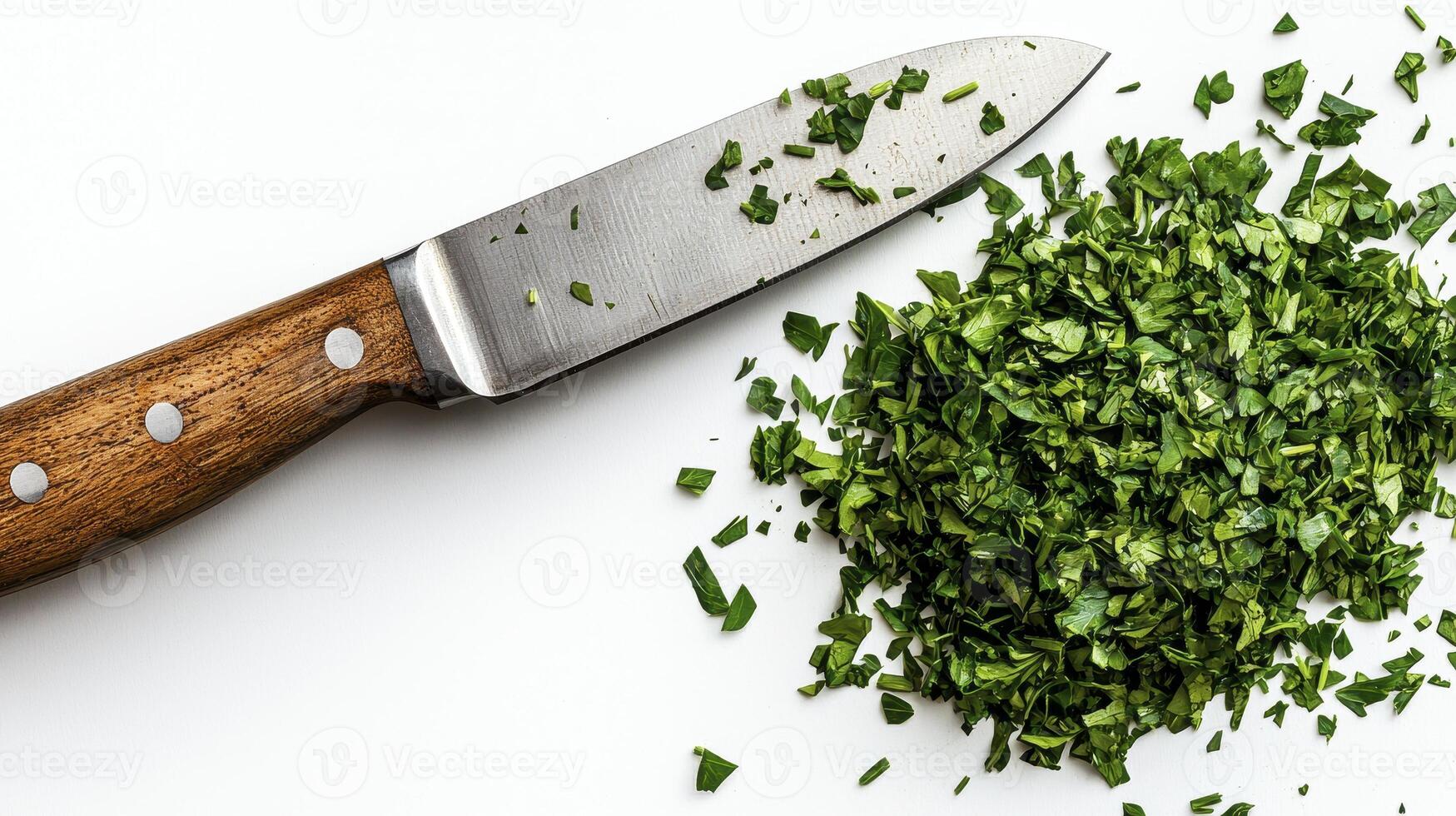 Captivating close-up image showcasing finely chopped fresh parsley next to a kitchen knife on a clean, bright white surface, ideal for culinary blogs, recipe websites, and food photography portfolios photo