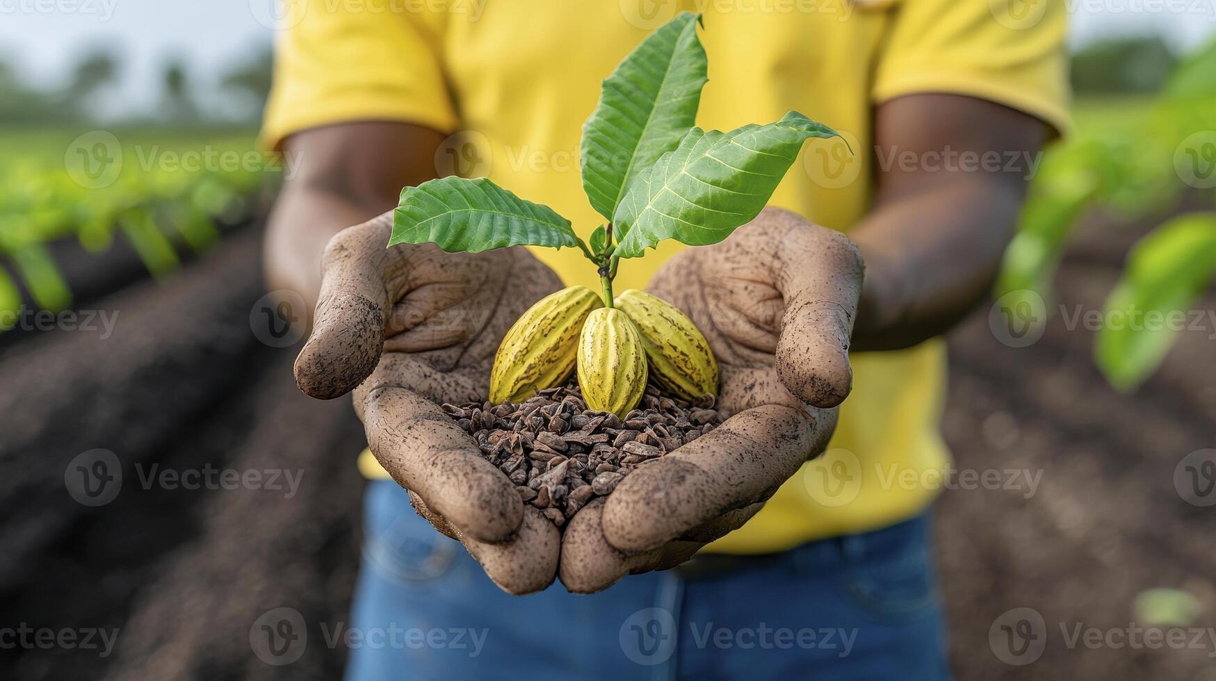 Captivating Image of Cocoa Plant Seedlings in Farmer's Hands A Detailed Study of Sustainable Agriculture, Growth, and Natural Cultivation Practices Explore the Intricate Details of Farming Techniques photo