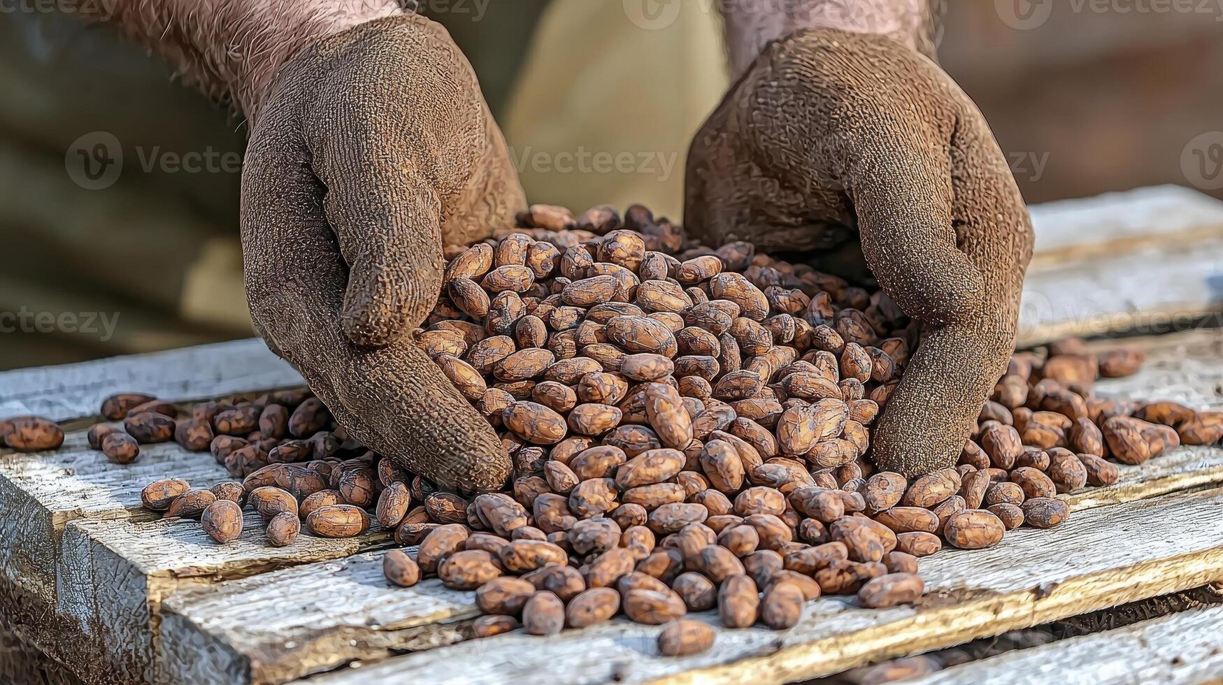 Captivating Image of Cocoa Beans Explore the Richness and Aroma of Chocolate's Origins Witness the Careful Handling of Raw Cocoa, Essential to Quality Production Discover the Beauty of Natural photo