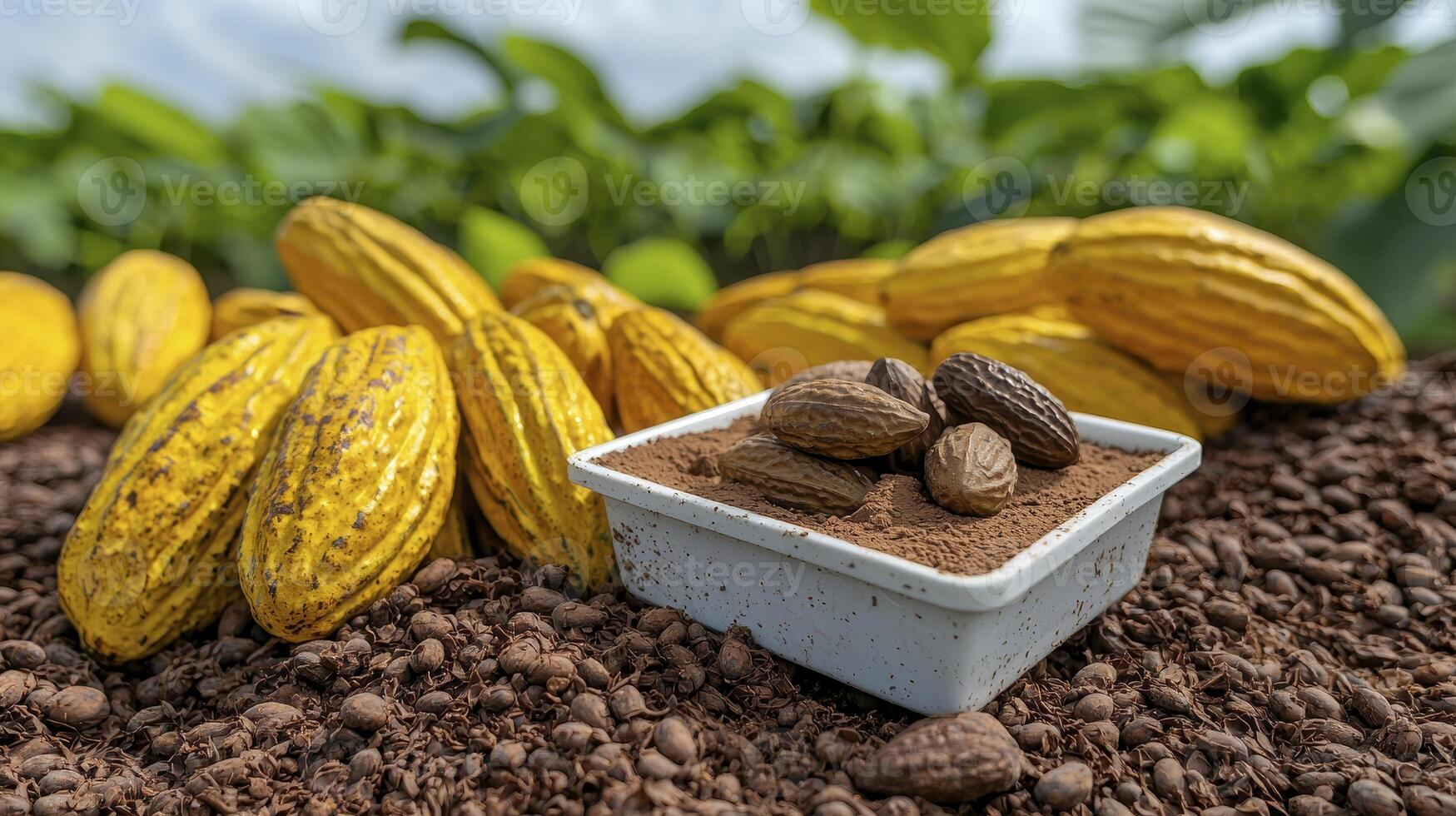 Captivating Image of Fresh Cocoa Pods and Cocoa Powder Displaying the Raw Ingredients Behind Delicious Chocolate Treats, Perfect for Illustrating Articles About Sustainable Farming, Ethical Sourcing photo